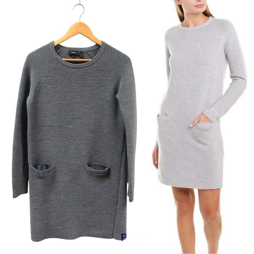 Theory Noble Crew Neck Ribbed Sweater Dress in Charcoal Gray Women’s Medium $475